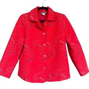 City Blues by Koret Quilted Jacket Womens Petite Small Red Swirl Embroidered PS